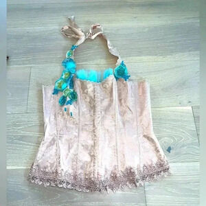 Beautiful vintage Fredrick’s of Hollywood tan blue floral Halter Corset sz 38